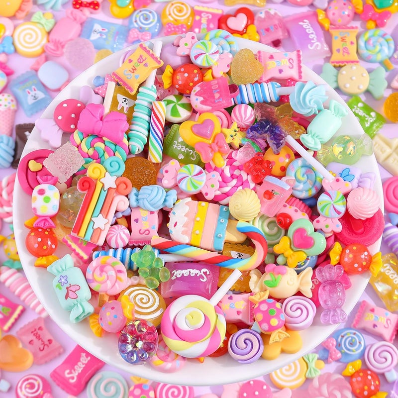 Glitzest 100PCS TINKRSTUFF Fake Candy Charms Cute Flatback Resin Charms for Slime, Random Kawaii Decoden Charm for Embellishments Phone Junk Case Charms Bulk Rainbow Bow Heart Lollipop, Scrapbooking DIY Decor - Image 4